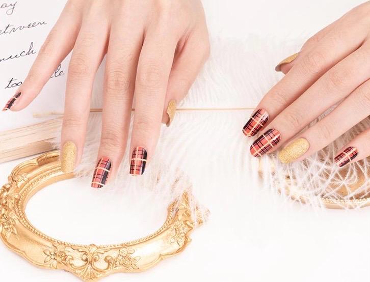 Fall Plaid & Gold Glitter WIDE Nail Polish Strips - Non-Toxic