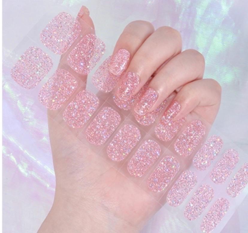 Bubblegum Pink Glitter Gel Nail Polish Strips - No UV Light. Non-Toxic