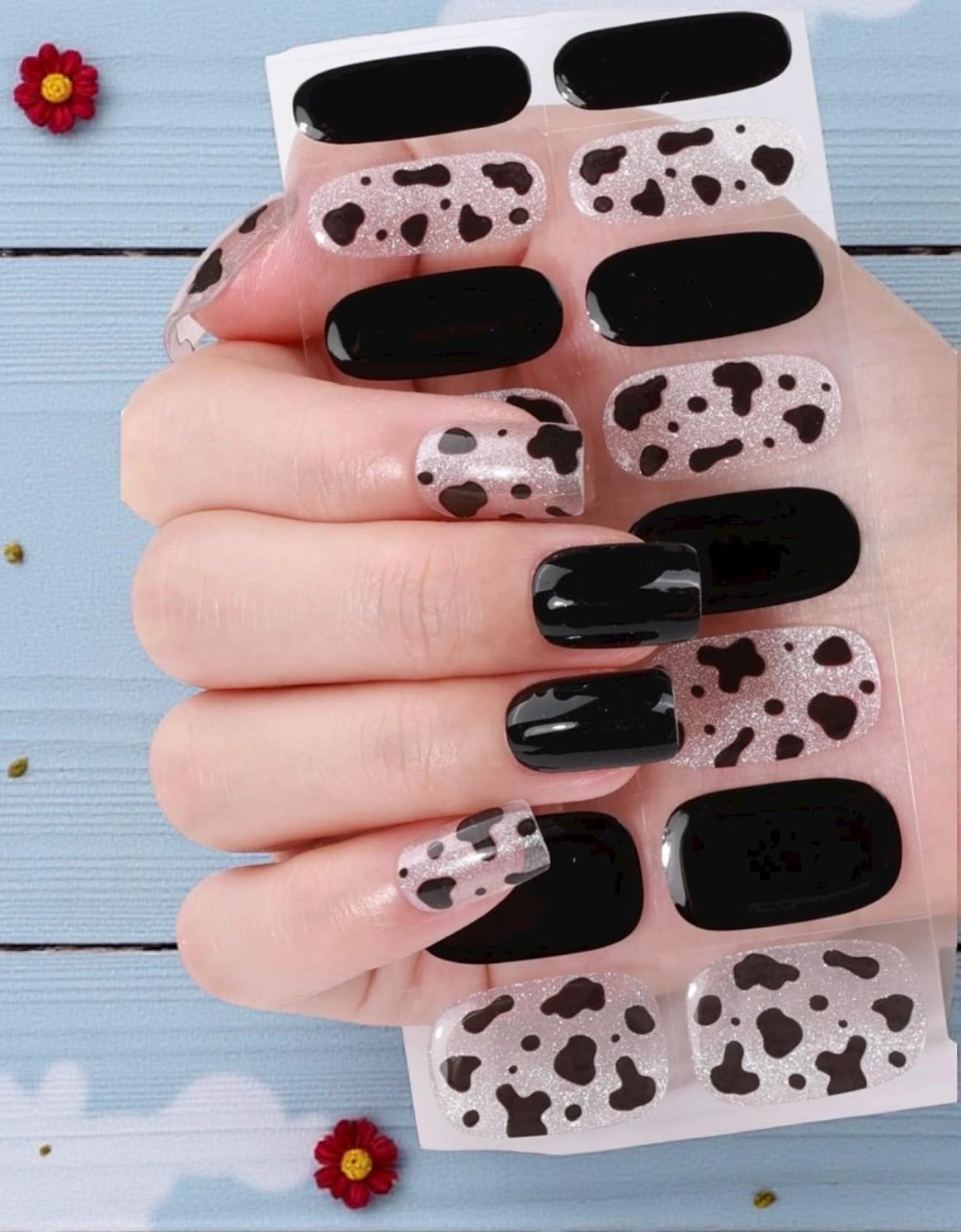 Midnight Moo Gel Nail Polish Strips: NO UV light required- Semi-Transparent Cow Print