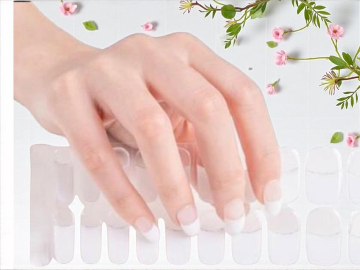 French Manicure With Silver Glitter Line - Semi Cured Gel Nail Strips (UV Light Required)