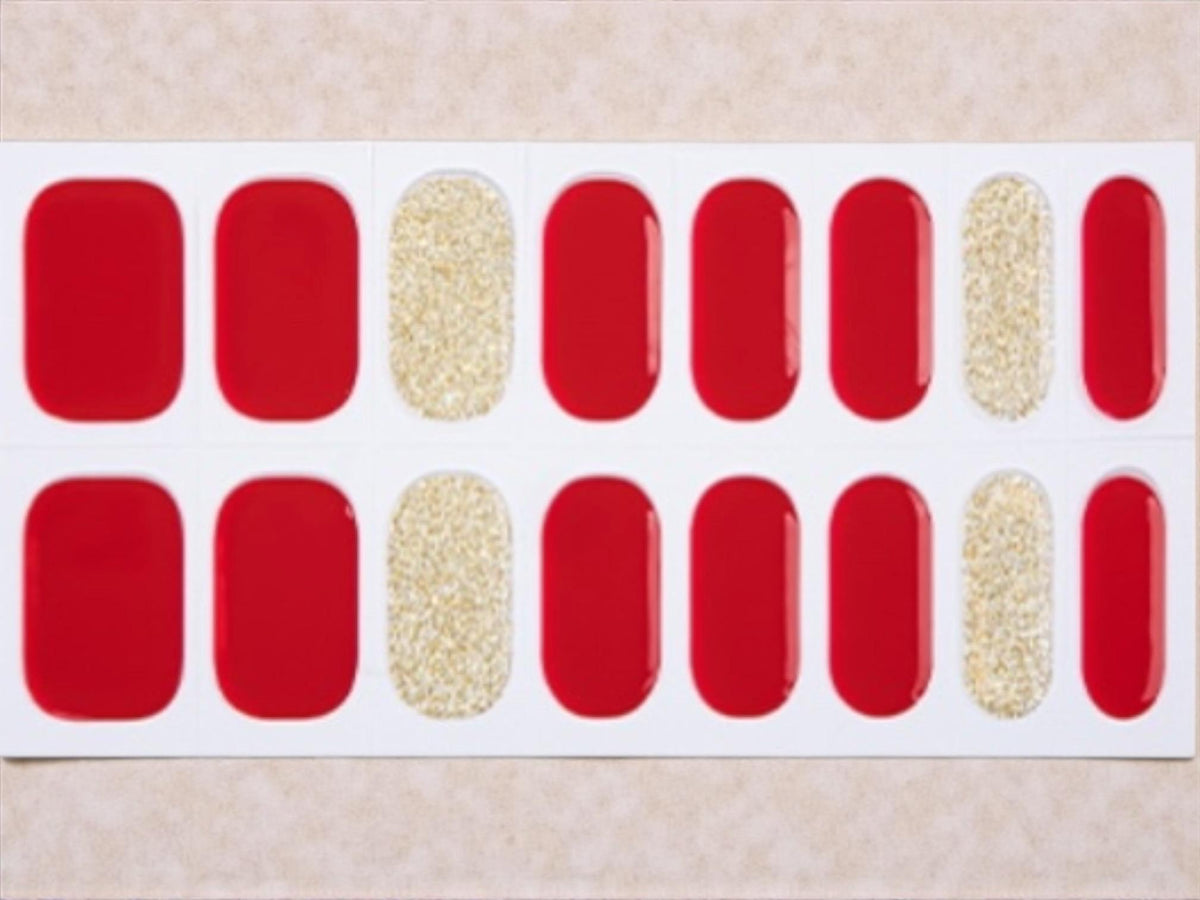 Red and Gold Glitter Gel Nail Polish Strips: Semi Cured, UV Light Required
