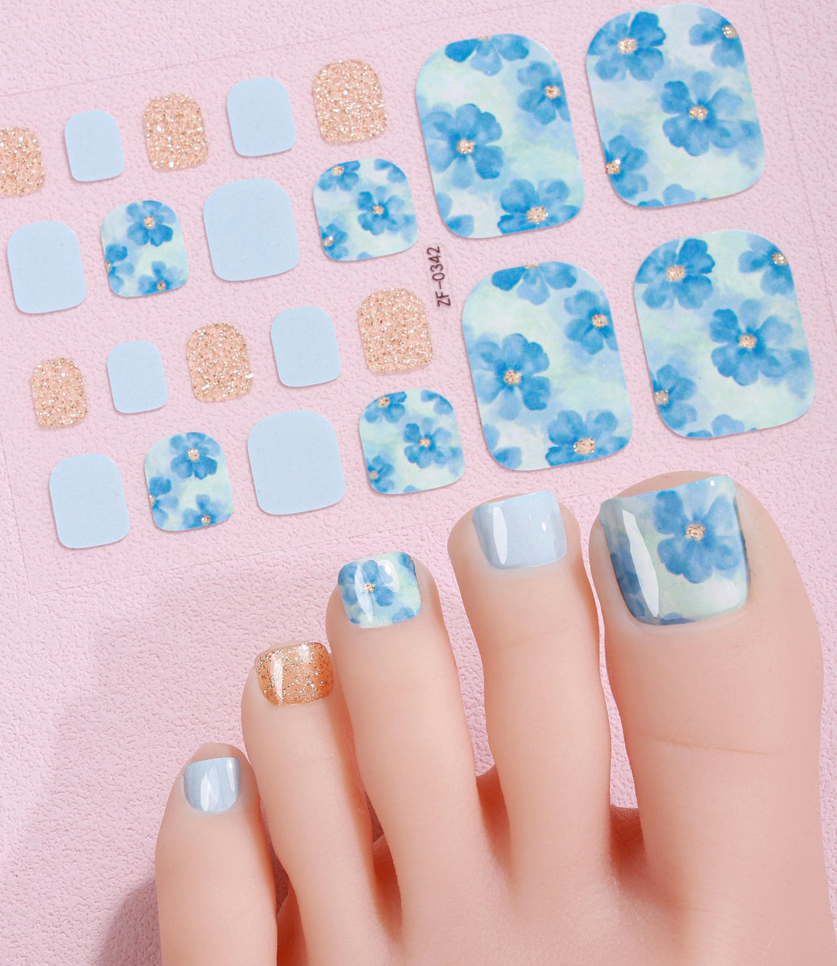 Blue Floral Dream - Toe Nail Polish Strips: Non-Toxic Nail Wraps