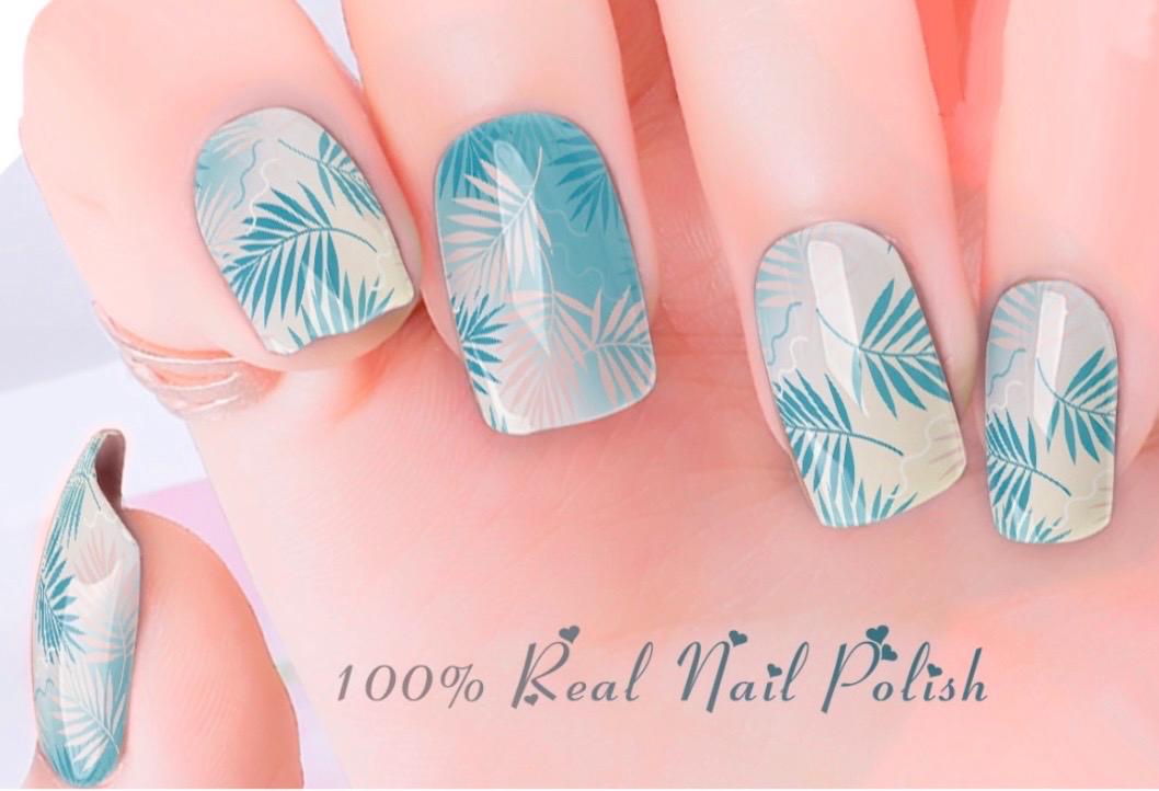Blue Palm Frons Nail Polish Strips: Wider nail sizes, Easy to apply- Non-toxic Nail Stickers