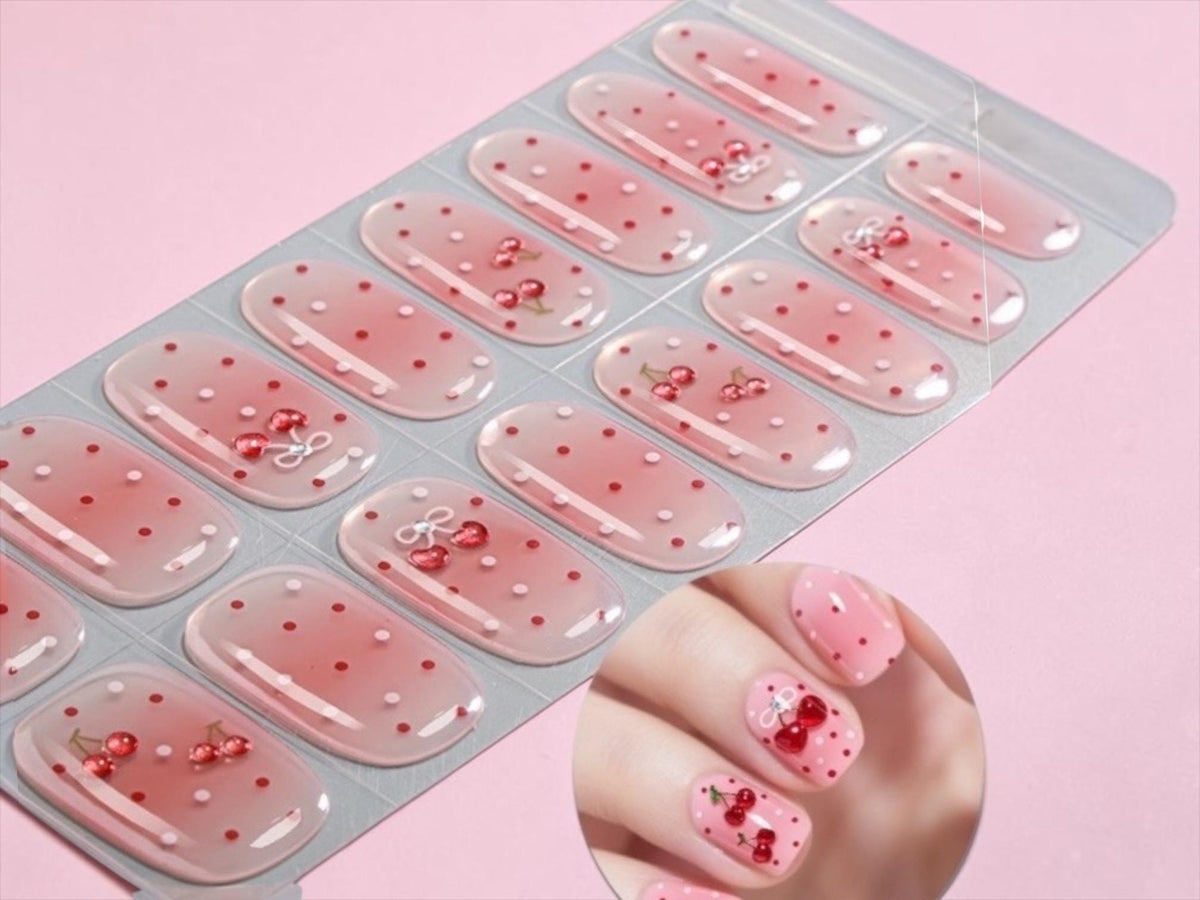Sweetheart Cherry Dots Gel Nail Polish Strips: No UV Light Needed- Non-Toxic