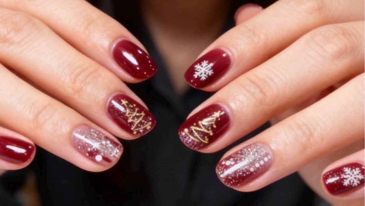 Burgundy and Gold Noel -Glitter Nail Polish Strips: Non-Toxic Nail Art