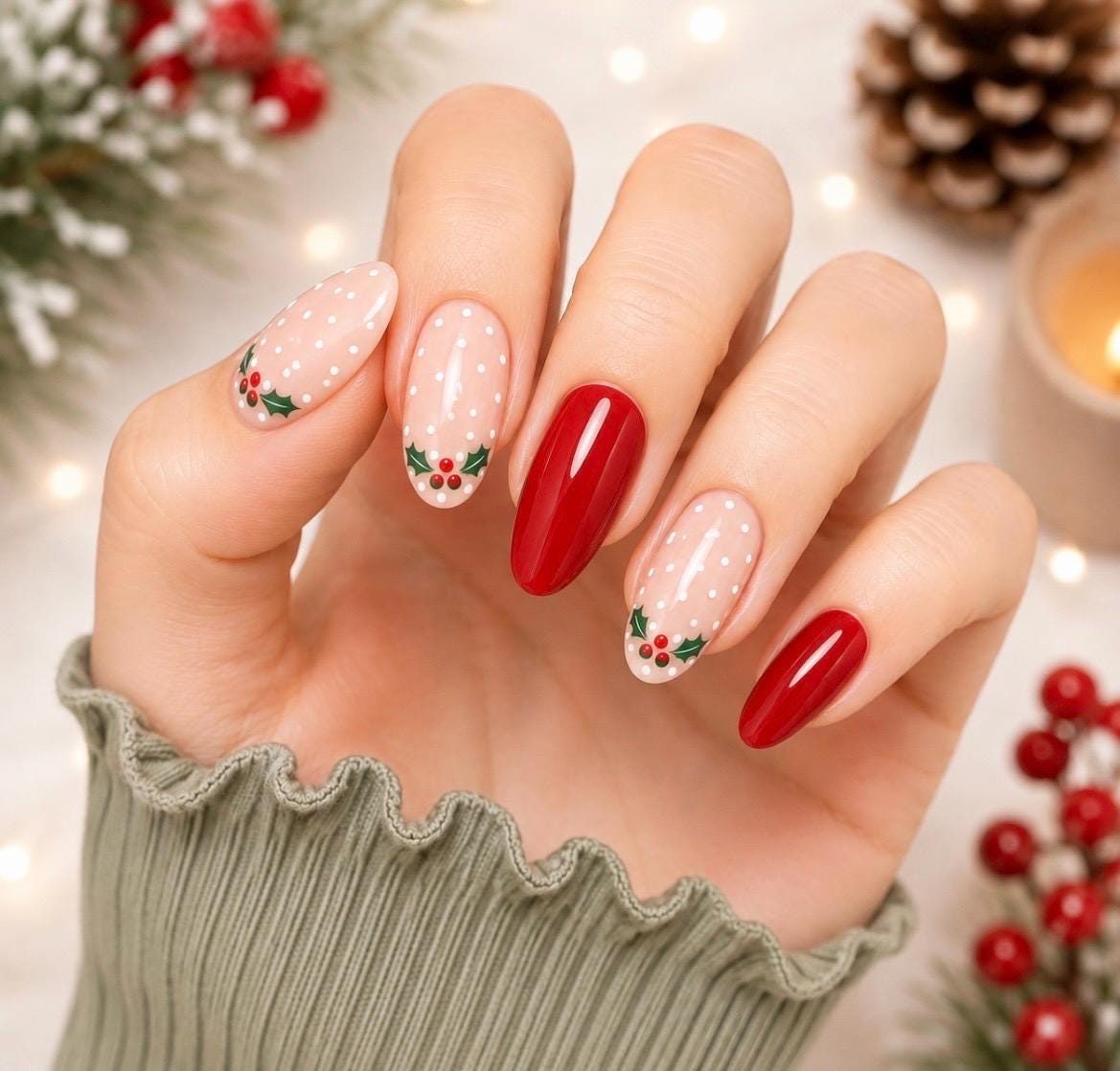 Holly Berry Christmas Gel Nail Polish Strips: No UV Light Needed- Non-Toxic