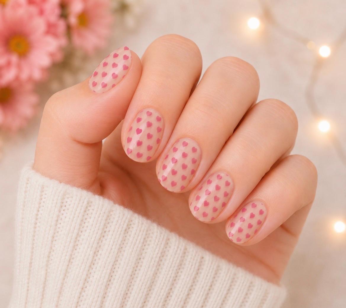 KIDS Nail Wraps-Pink Heart Parade Transparent