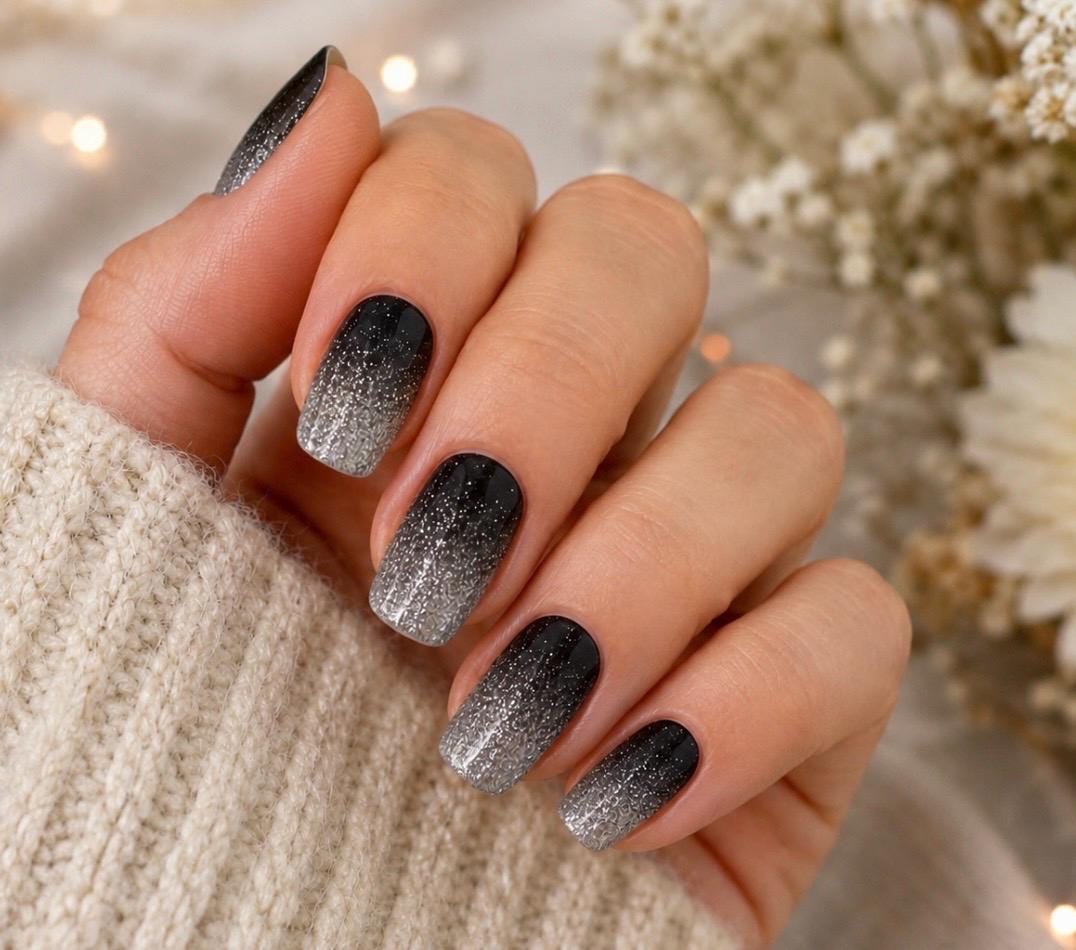 Midnight Silver Fade Glitter- WIDE Nail Polish Strips - Non-Toxic, Wider Nails
