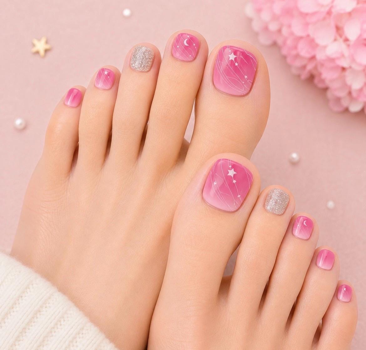 Pink Starlit - Toe Nail Polish Strips: Non-Toxic Nail Wraps