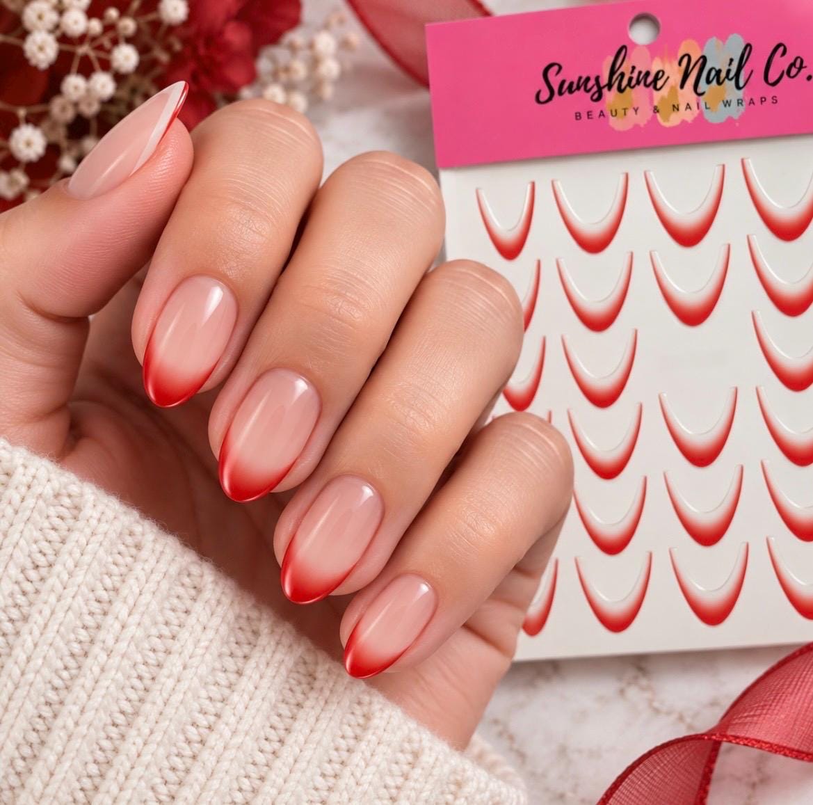 Red Fade French TIPS ONLY - 3-D Nail decals- easy to apply nail stickers
