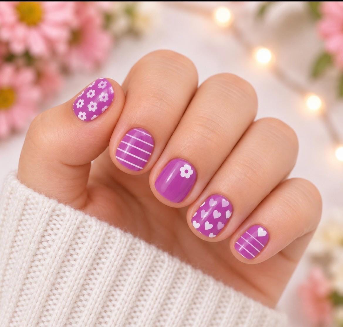 KIDS Nail Wraps- Purple Flowers and Hearts