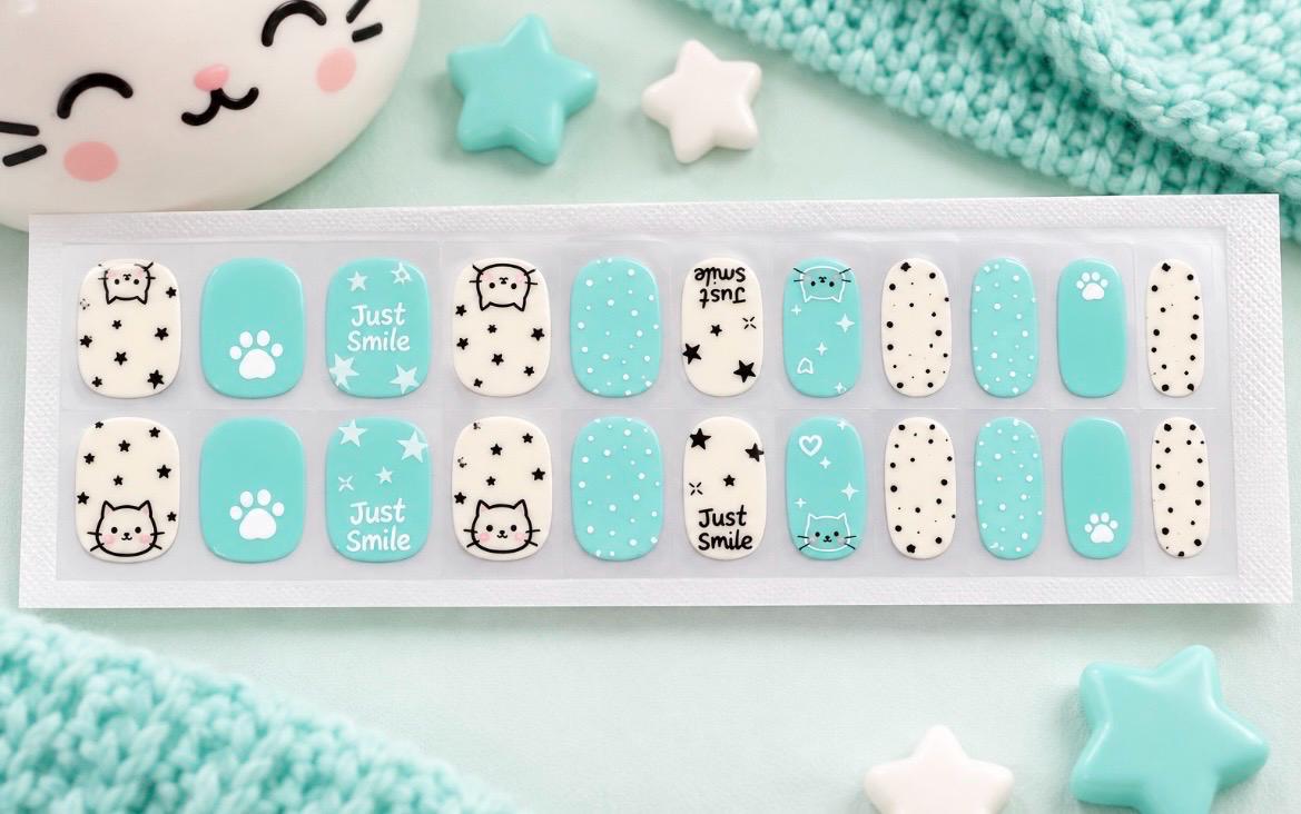 KIDS Minty Meow- Gel Nail Polish Strips: No UV Light Needed- Non-Toxic
