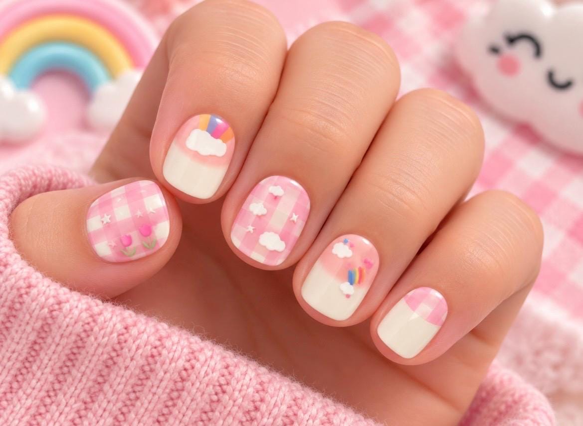 KIDS Nail Wraps- Gingham Rainbow Dreams- No UV Gel