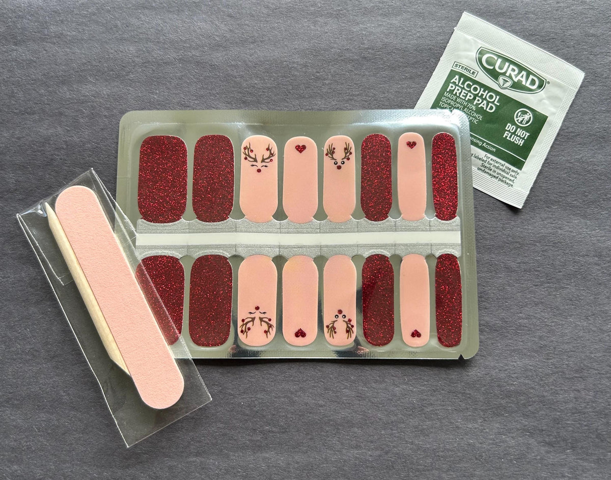 Blushing Reindeer Glitter Nail Polish Strips, Non-Toxic Nail Stickers
