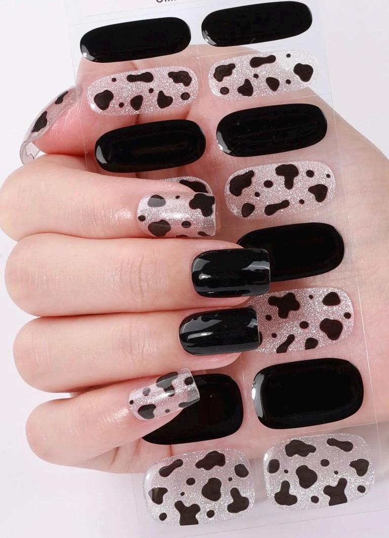 Midnight Moo Gel Nail Polish Strips: NO UV light required- Semi-Transparent Cow Print