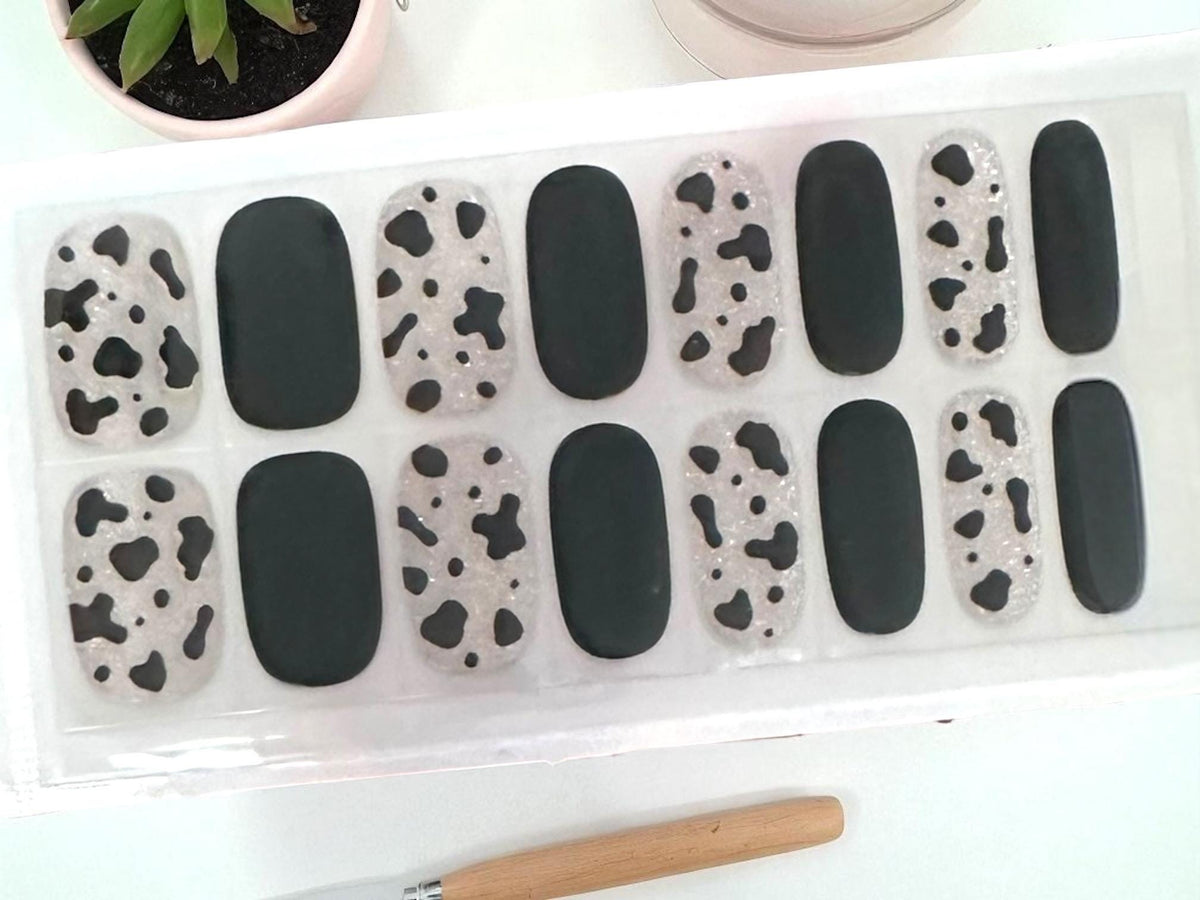 Midnight Moo Gel Nail Polish Strips: NO UV light required- Semi-Transparent Cow Print