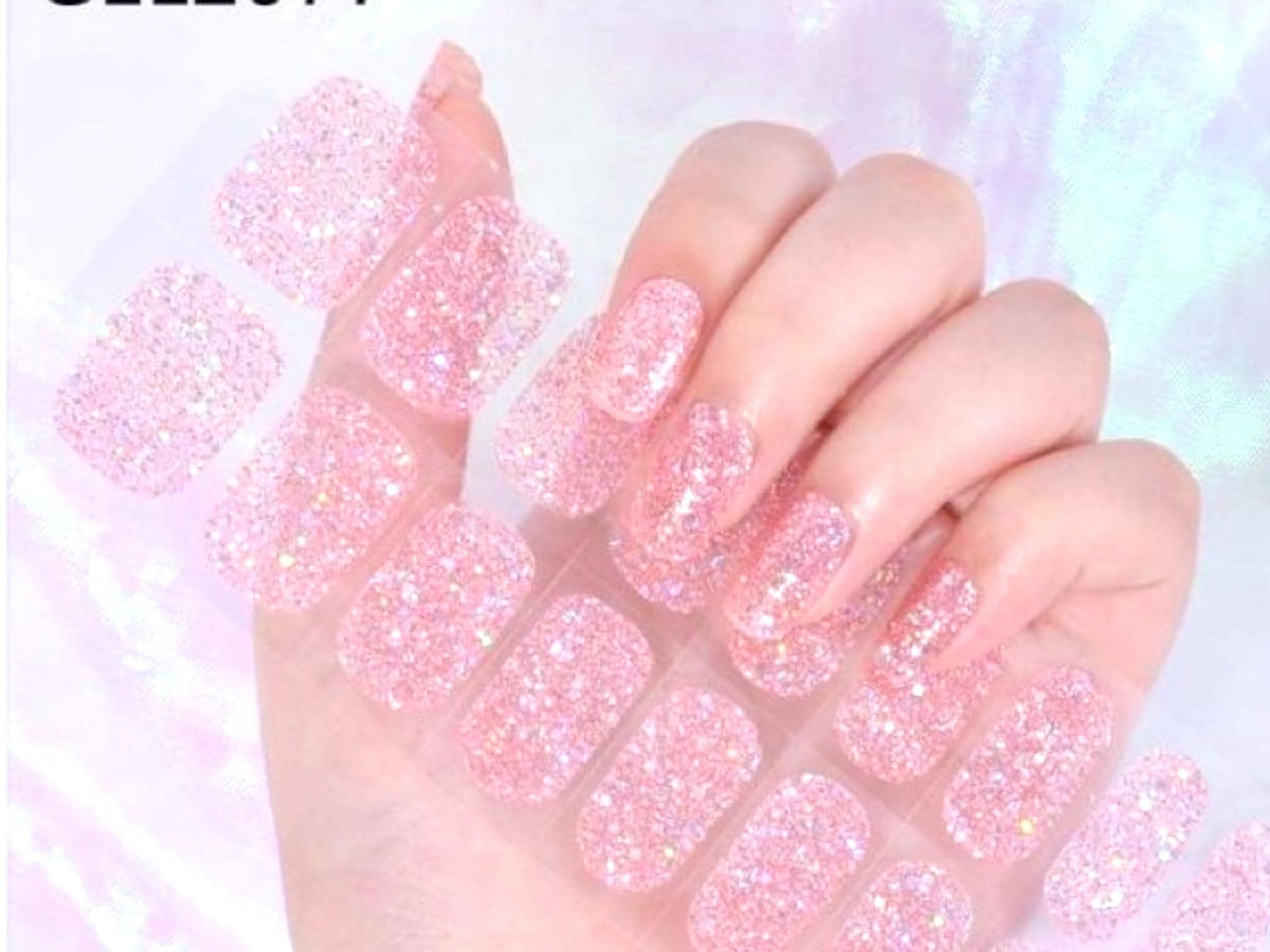 Bubblegum Pink Glitter Gel Nail Polish Strips - No UV Light.  Non-Toxic