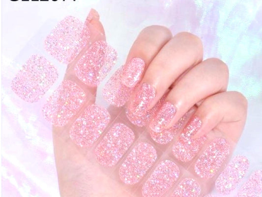 Bubblegum Pink Glitter Gel Nail Polish Strips - No UV Light.  Non-Toxic
