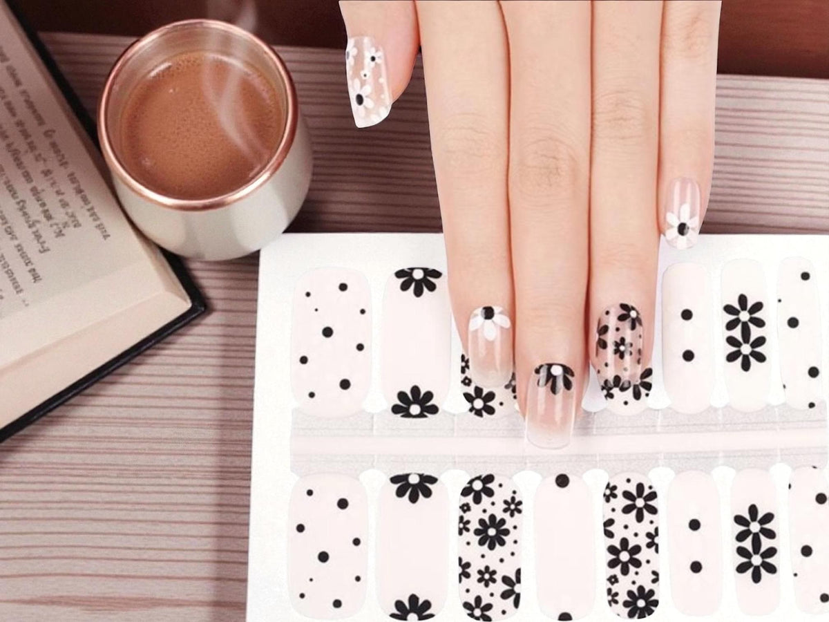 Black and White Daisy Nail Wraps: Translucent Non-Toxic Nail Polish Stickers