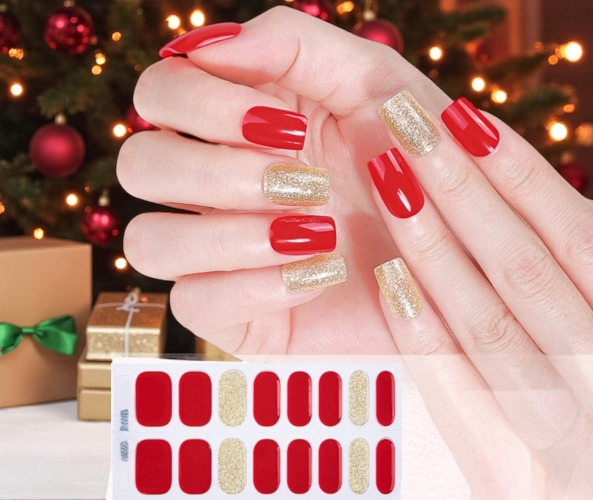 Red and Gold Glitter Gel Nail Polish Strips: Semi Cured, UV Light Required