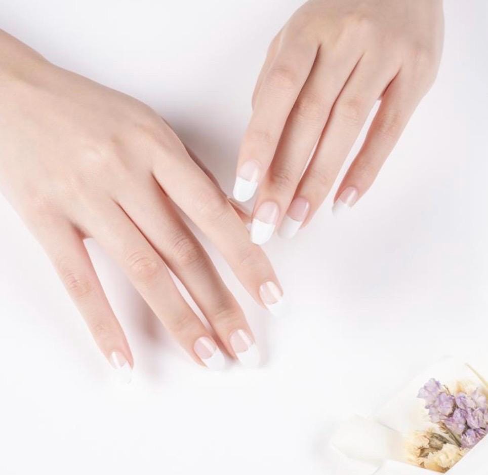 French Manicure With Silver Glitter Line - Semi Cured Gel Nail Strips (UV Light Required)