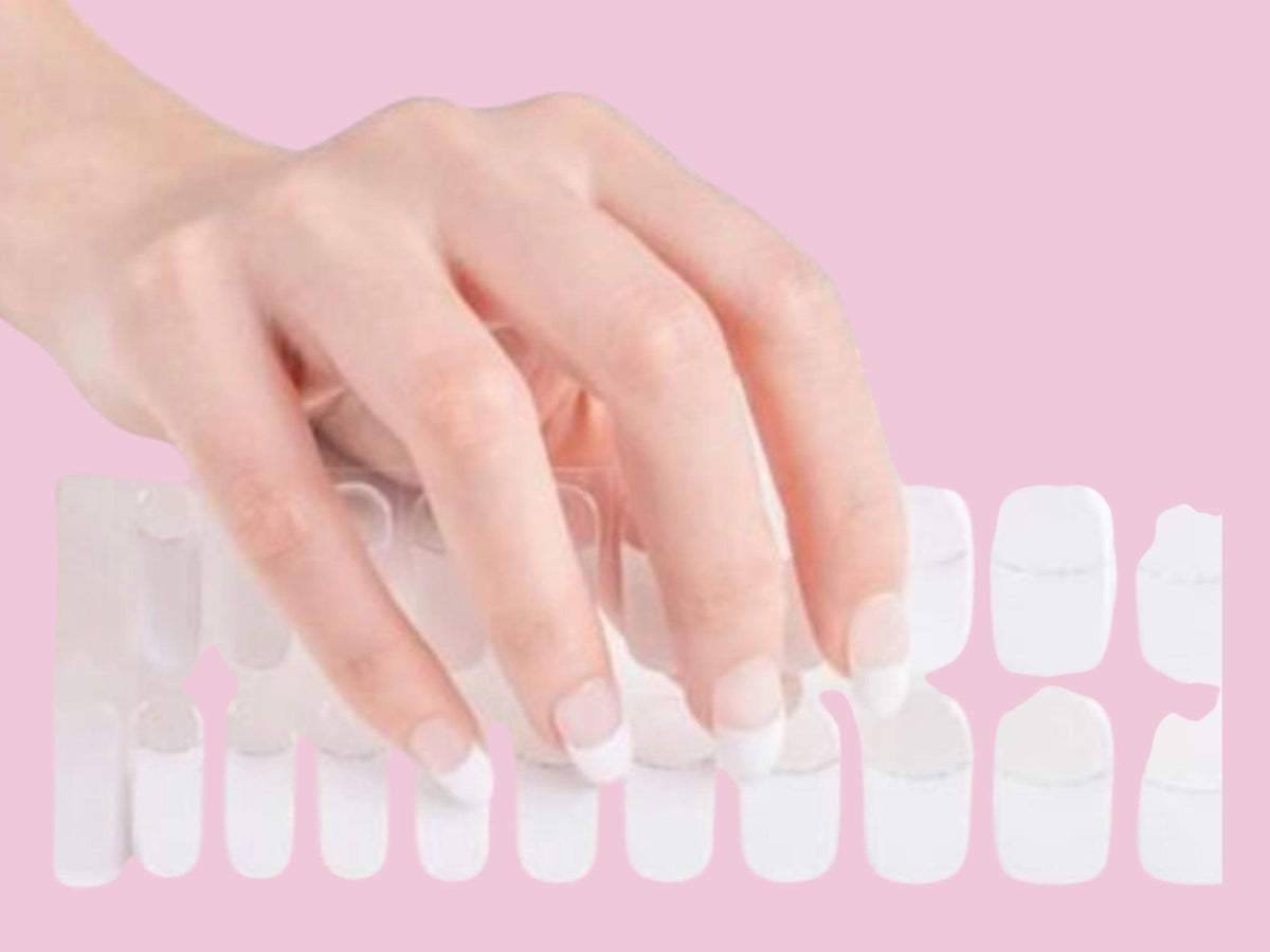 French Manicure With Silver Glitter Line - Semi Cured Gel Nail Strips (UV Light Required)