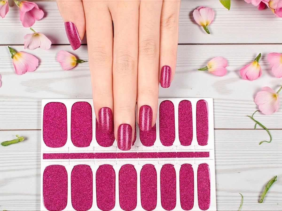Dark Pink Sparkle Nail Polish Strips: Non-Toxic Nail Wraps