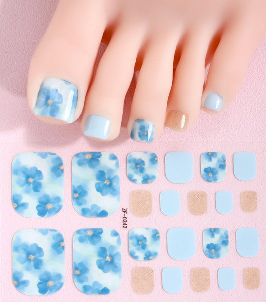 Blue Floral Dream - Toe Nail Polish Strips: Non-Toxic Nail Wraps