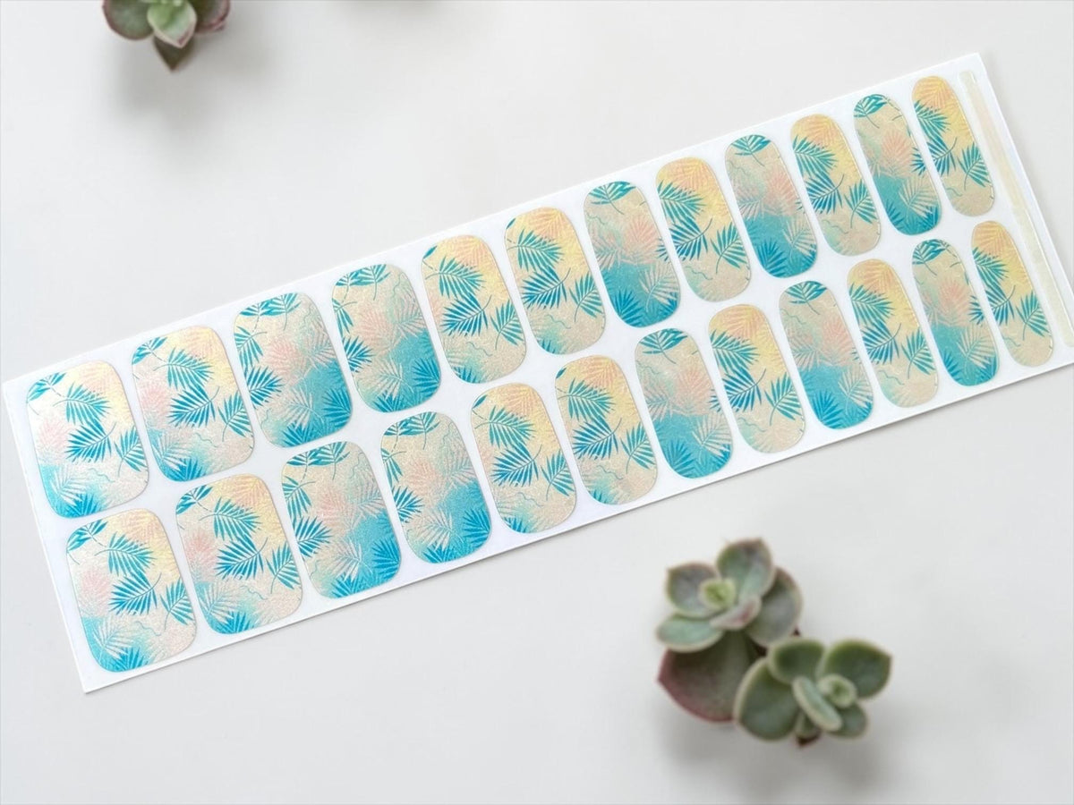 Blue Palm Frons Nail Polish Strips:  Wider nail sizes, Easy to apply- Non-toxic Nail Stickers