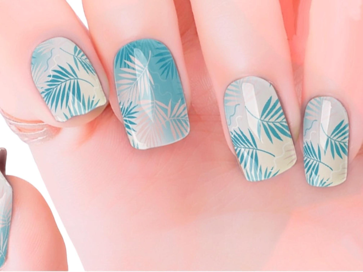 Blue Palm Frons Nail Polish Strips:  Wider nail sizes, Easy to apply- Non-toxic Nail Stickers