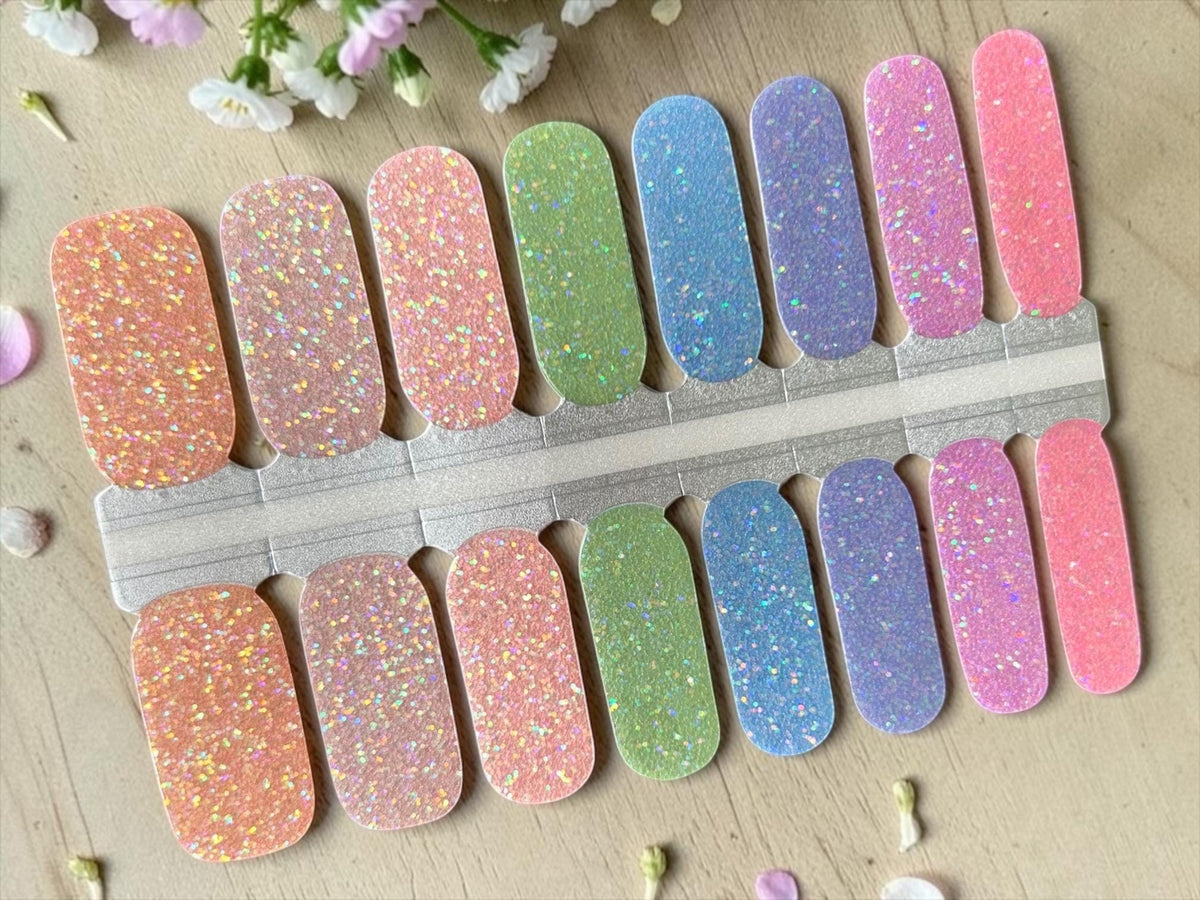 Pastel Shades of Glitter Nail Wraps, 100% Nail Polish Stickers, Non-Toxic Nail Strips
