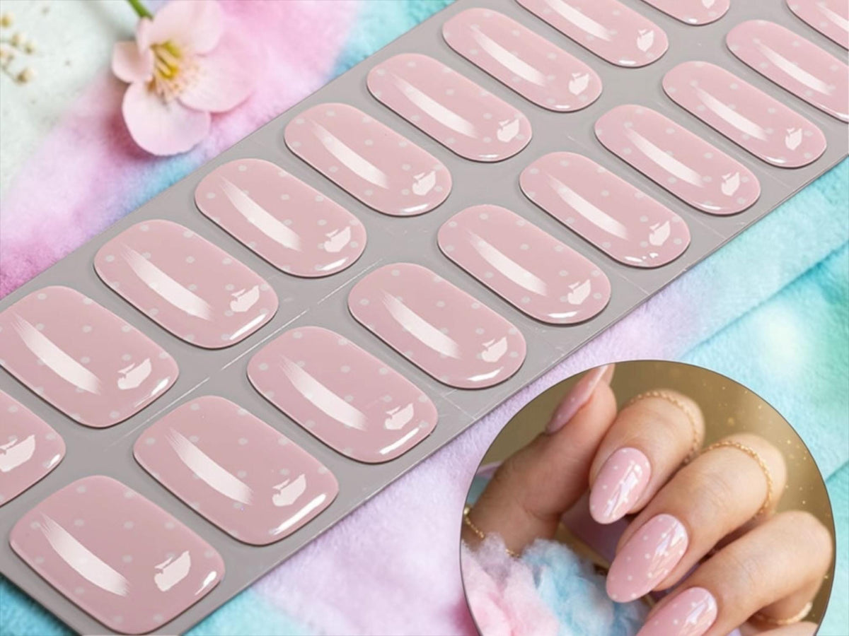 Pale Pink and White Dots- Gel Nail Polish Strips- No UV required.