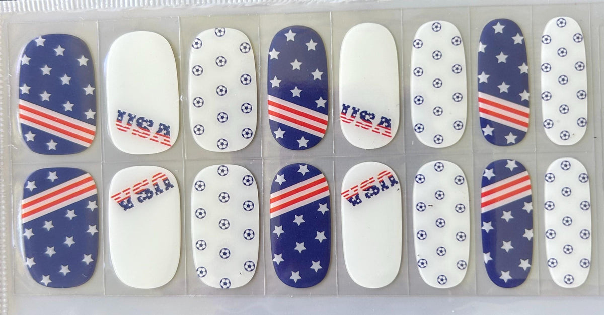 Patriotic Soccer Tournament Gel Nail Polish Strips: No UV Light Needed- Non-Toxic