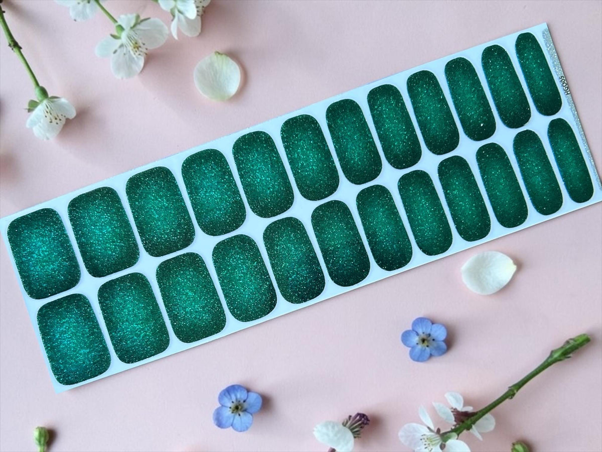 Emerald Sparkle Nail Polish Strips:  Wider Nail Sizes, Easy to Apply, Non-toxic Nail Art