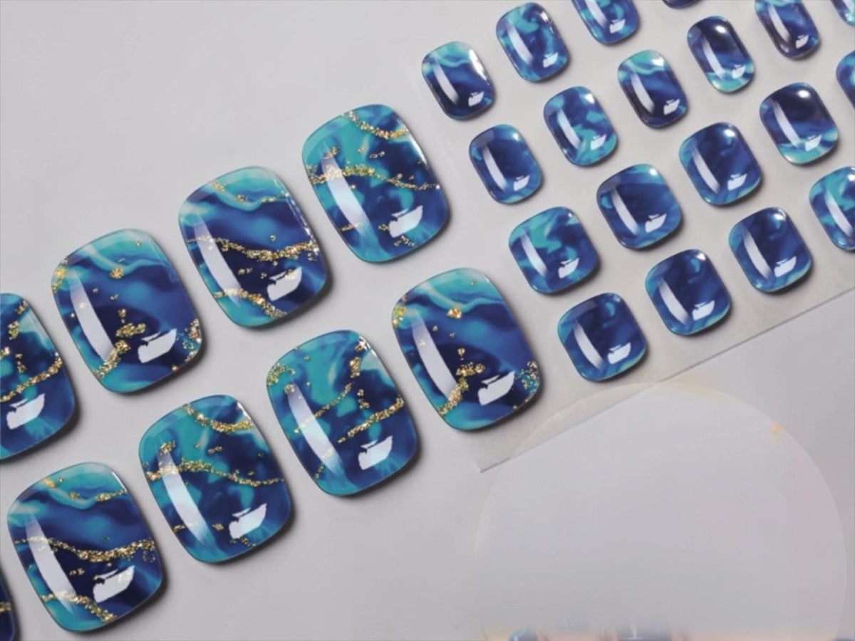 Turquoise and Navy Marble NO UV Gel Toe Nail Wraps: Non-Toxic Nail Stickers