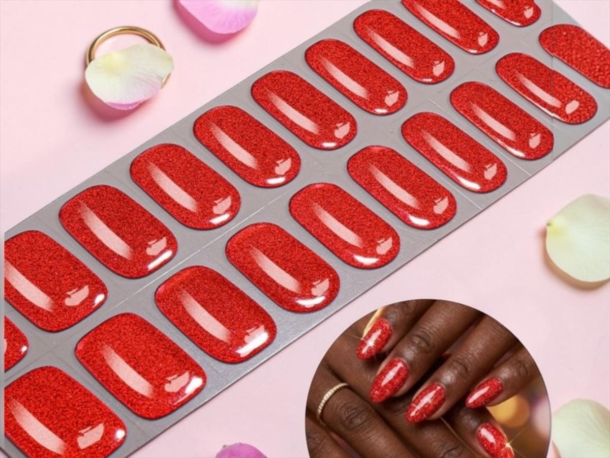 Red Sparkle Gel Nail Polish Strips: No UV Light Needed.  Non-toxic easy to apply.