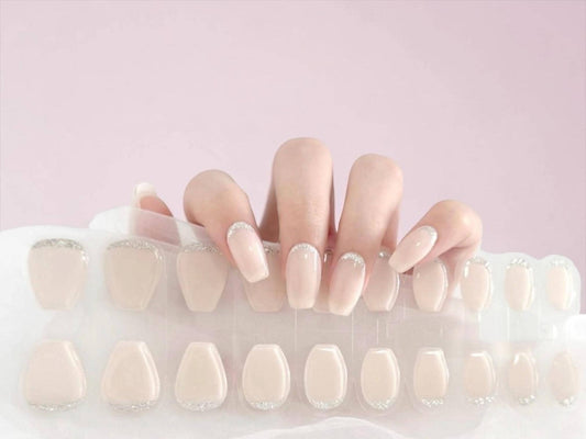 Blush Silver Glitter Semi-Cured Gel Nail Extensions – Start Short, Add Length!  Easy Apply UV Lamp Required, Sold Separately.
