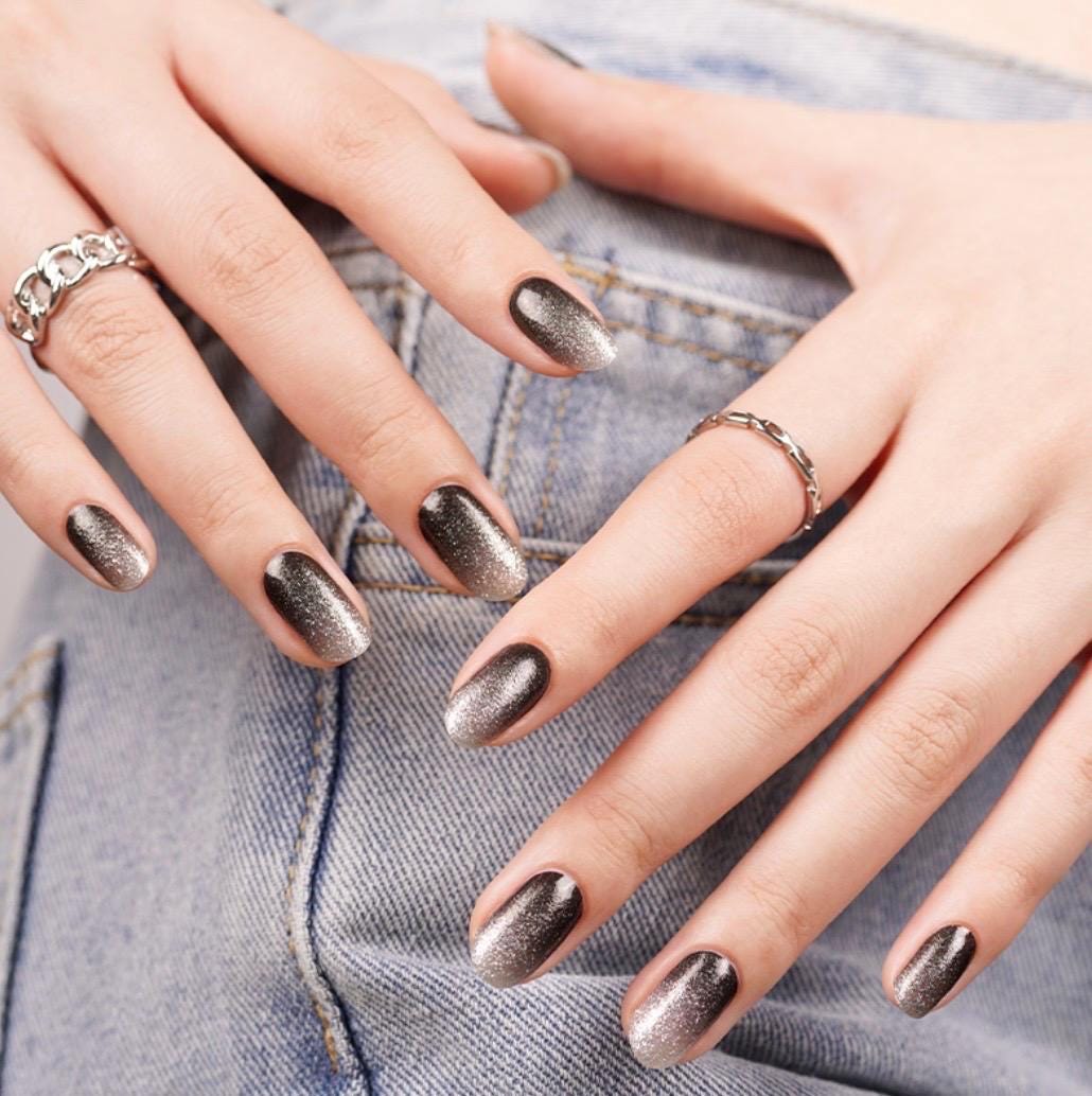 Midnight Silver Fade Glitter- WIDE Nail Polish Strips - Non-Toxic, Wider Nails