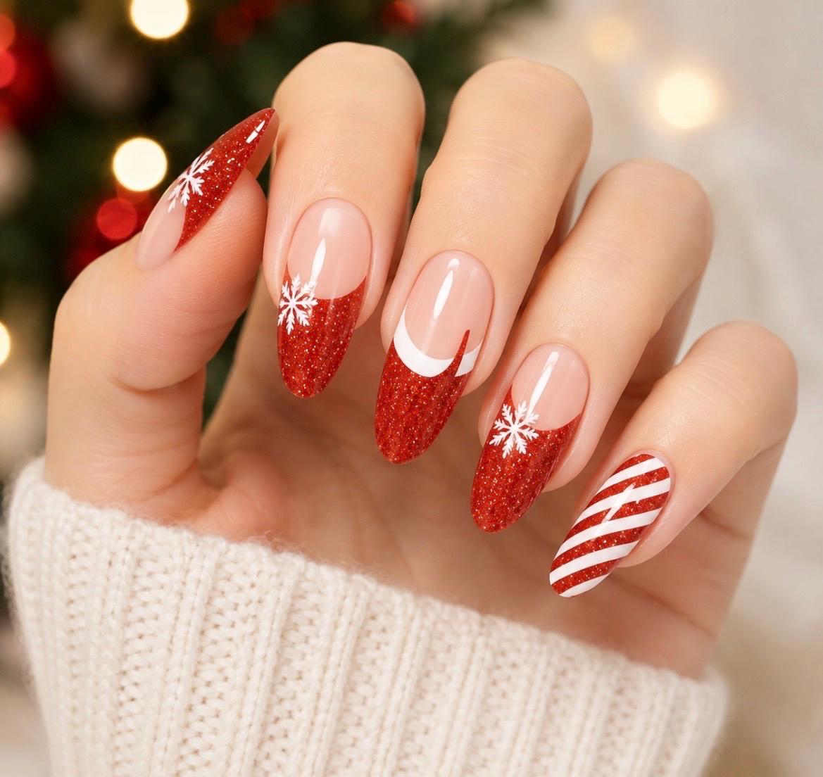 Peppermint and Santa Hats Glitter-  Gel Nail Polish Strips: No UV Light Needed- Non-Toxic