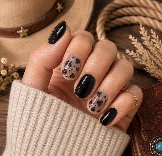 Midnight Moo Gel Nail Polish Strips: NO UV light required- Semi-Transparent Cow Print