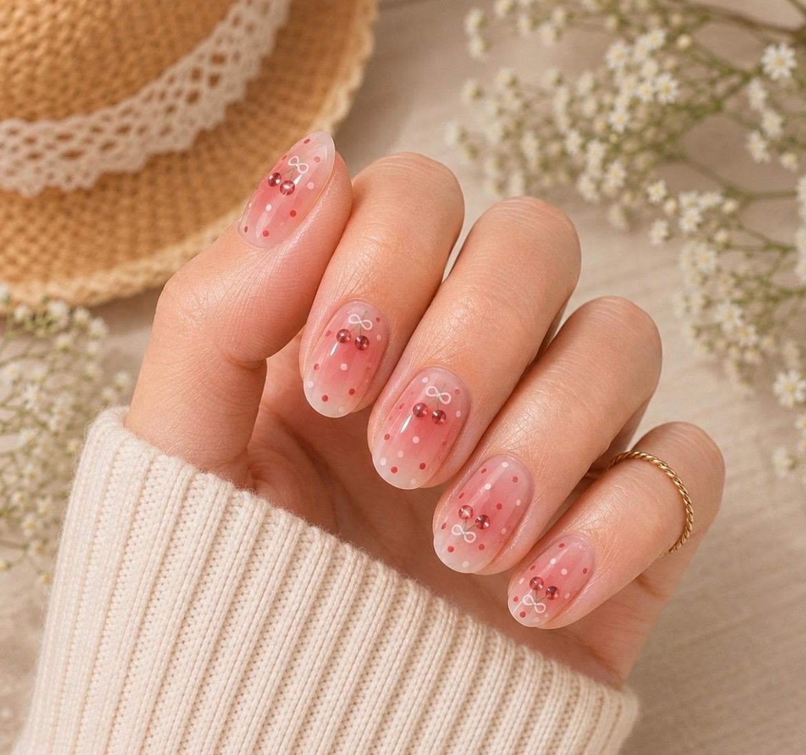 Sweetheart Cherry Dots Gel Nail Polish Strips: No UV Light Needed- Non-Toxic