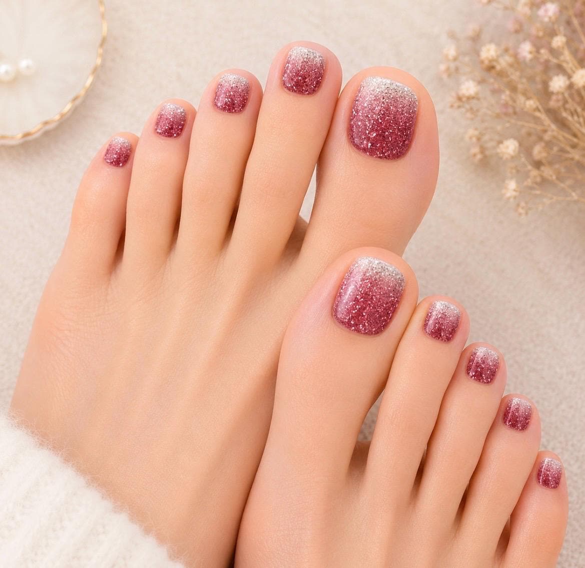 Ruby Frost- Glitter Toe Nail Polish Strips: Non-Toxic Nail Wraps