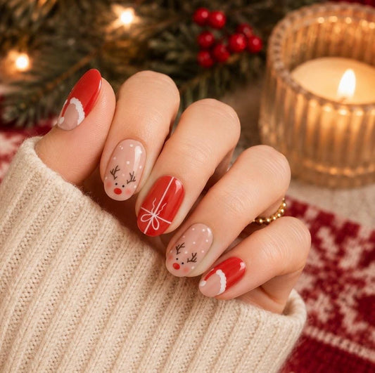 Reindeer and Ribbons- Gel Nail Polish Strips: No UV Light Needed- Non-Toxic