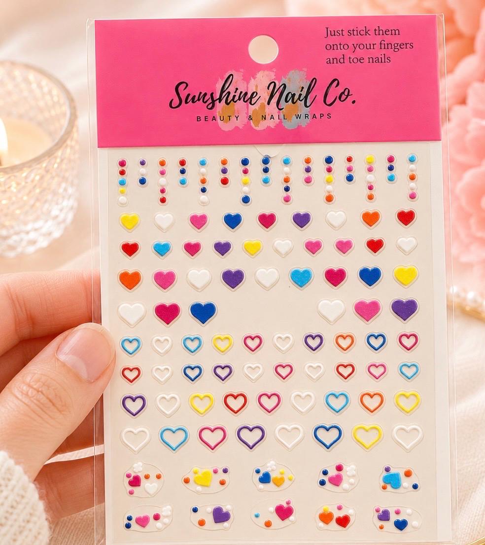 Rainbow Hearts - 3-D Nail decals- easy to apply nail stickers