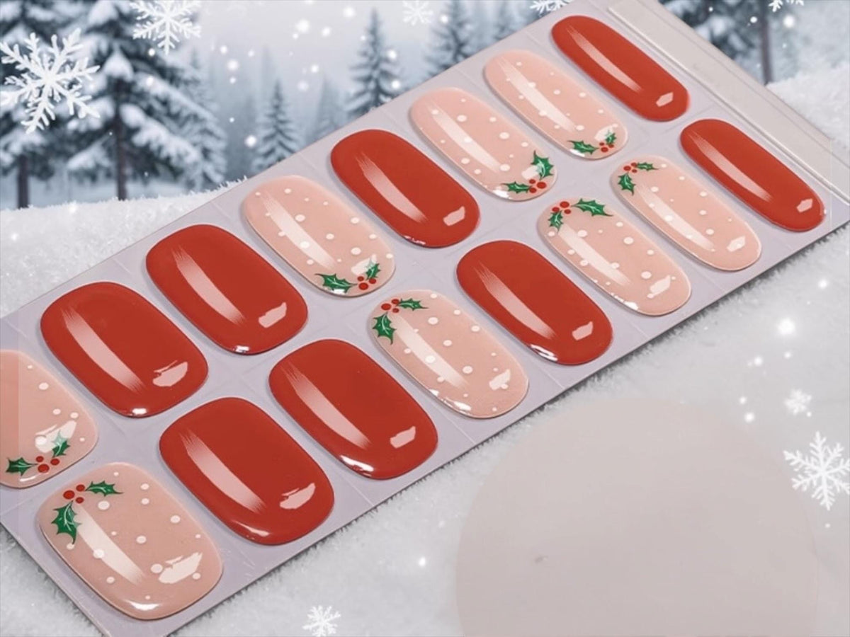 Holly Berry Christmas Gel Nail Polish Strips: No UV Light Needed- Non-Toxic