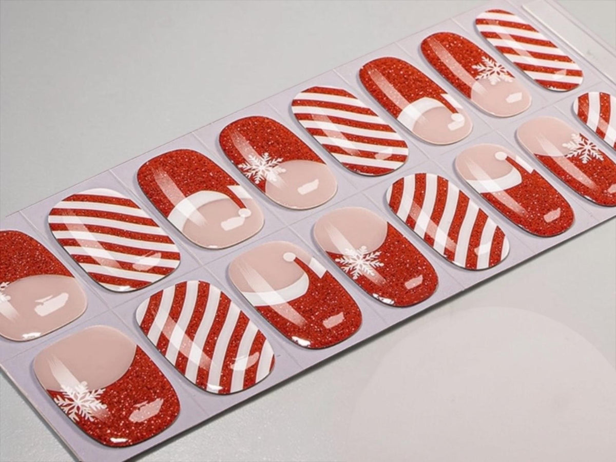 Peppermint and Santa Hats Glitter-  Gel Nail Polish Strips: No UV Light Needed- Non-Toxic