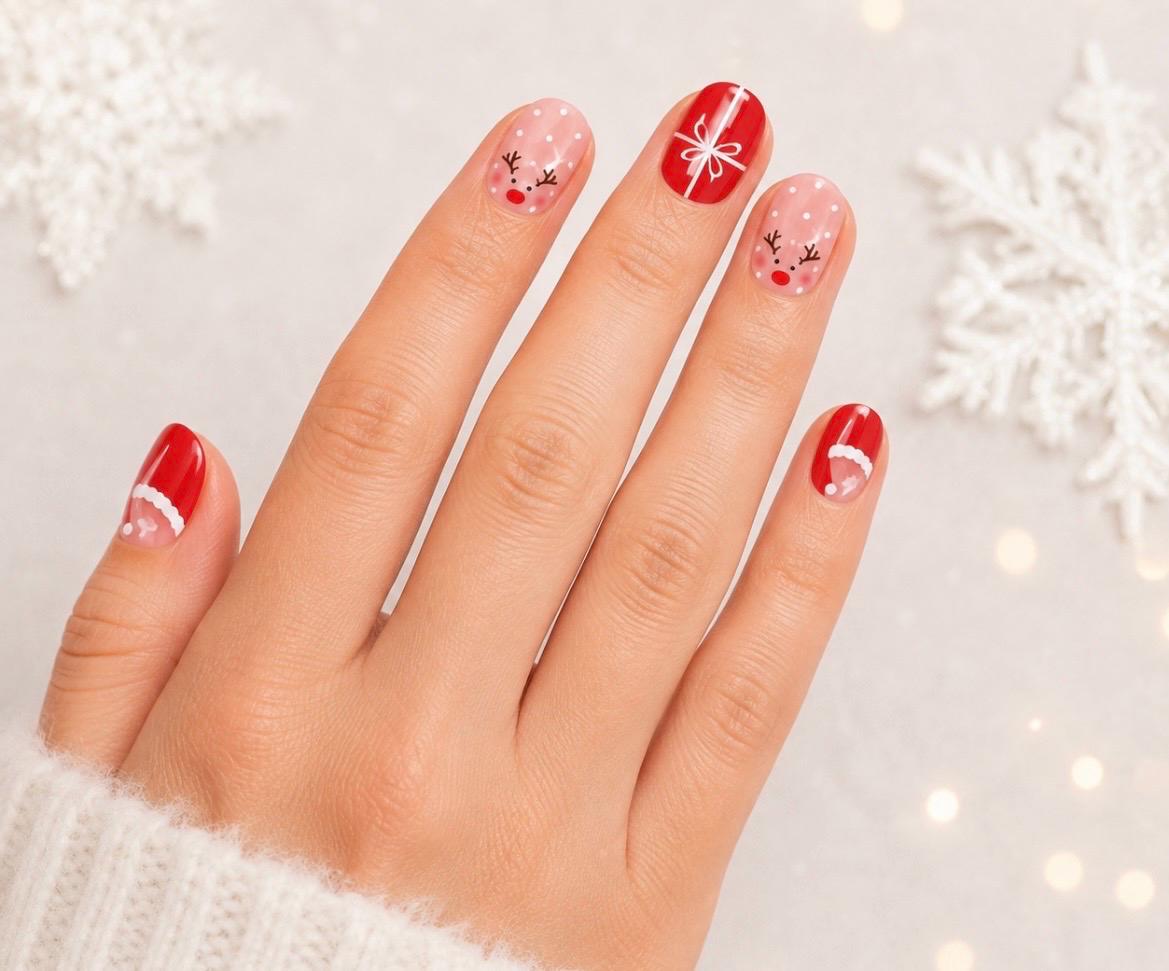Reindeer and Ribbons- Gel Nail Polish Strips: No UV Light Needed- Non-Toxic
