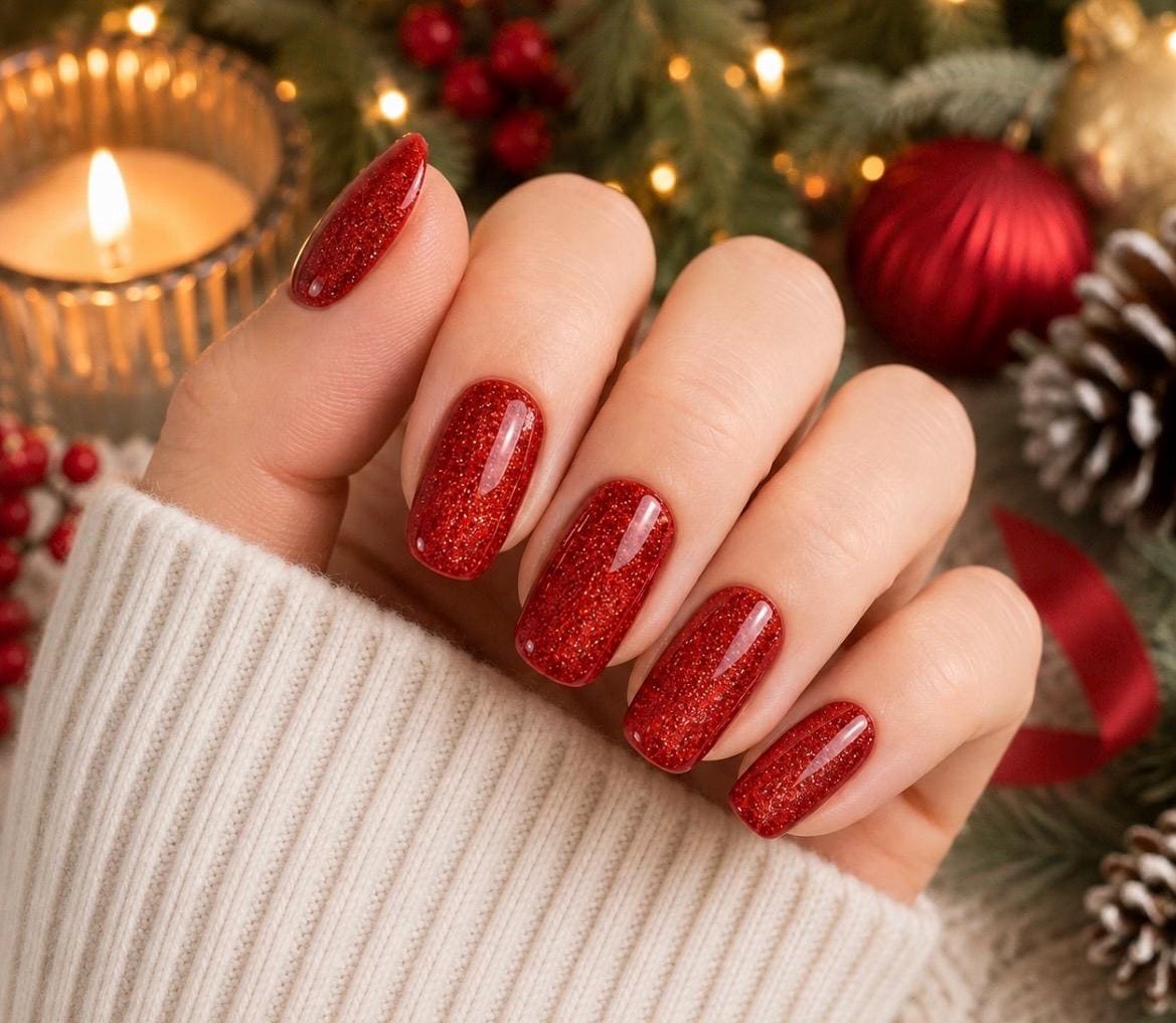 Red Sparkle Gel Nail Polish Strips: No UV Light Needed.  Non-toxic easy to apply.