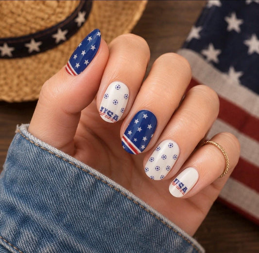 Patriotic Soccer Tournament Gel Nail Polish Strips: No UV Light Needed- Non-Toxic
