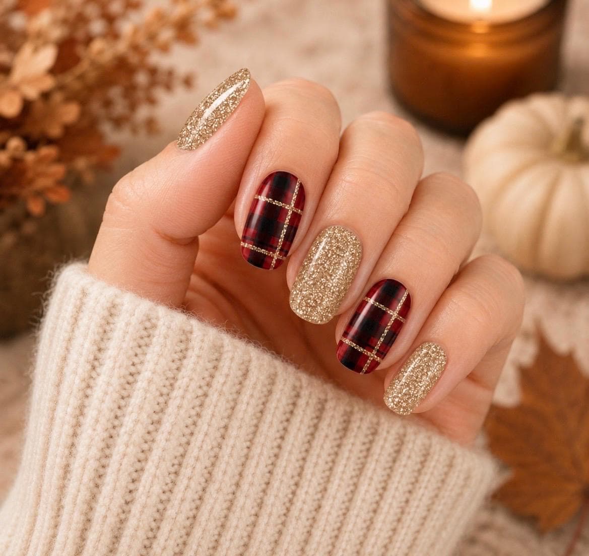Fall Plaid & Gold Glitter WIDE Nail Polish Strips - Non-Toxic